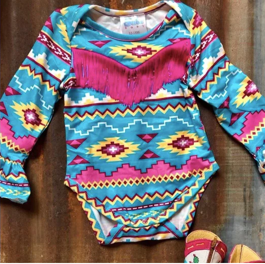 Multi Turq Aztec LS w/Fringe Top