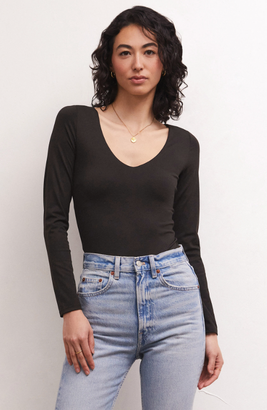 Smooth V-neck Black Bodysuit