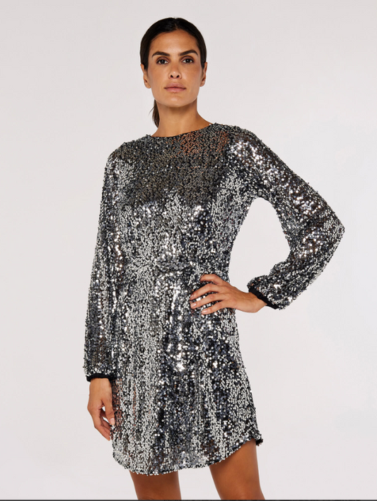 Silver Sequin Puff Sleeve Dress