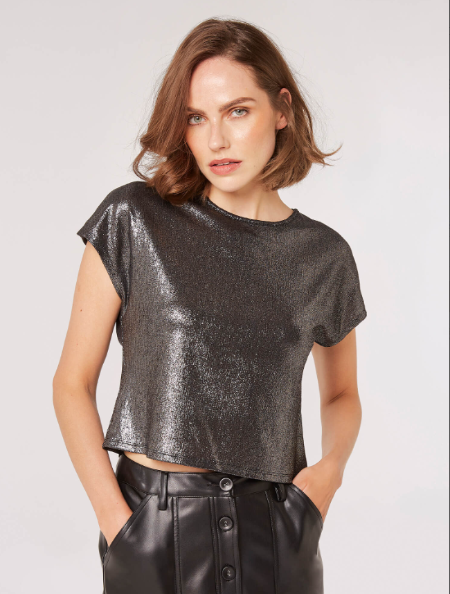 Silver Solid Sparkle Cropped T-Shirt