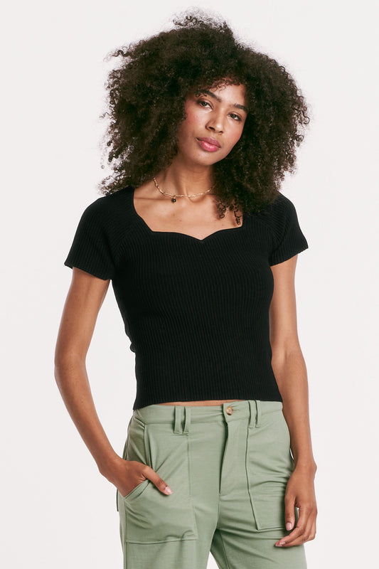 Another Love Bria Black Sweetheart Neck Ribbed Top