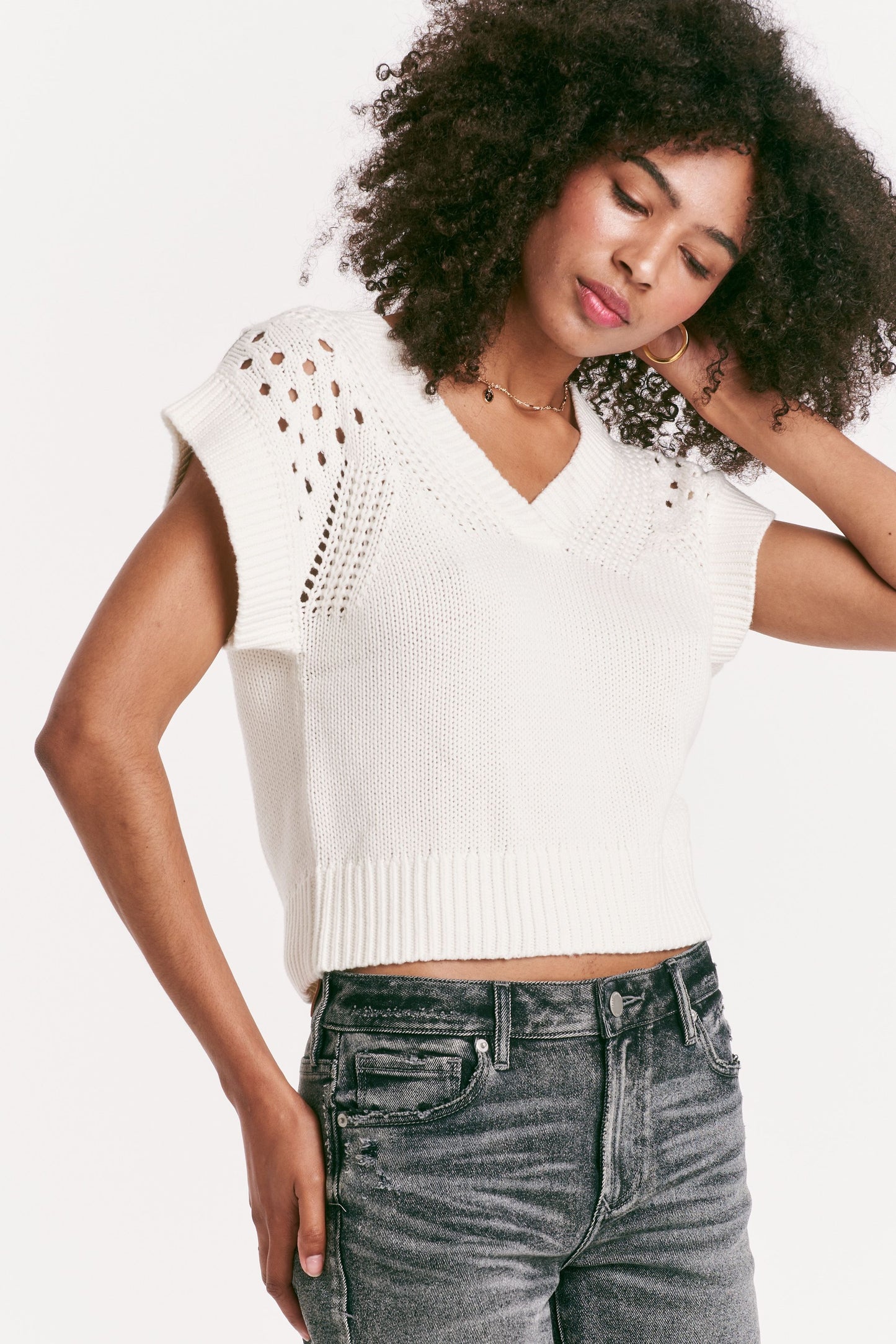 Another Love Renata Crochet Detail White Sweater