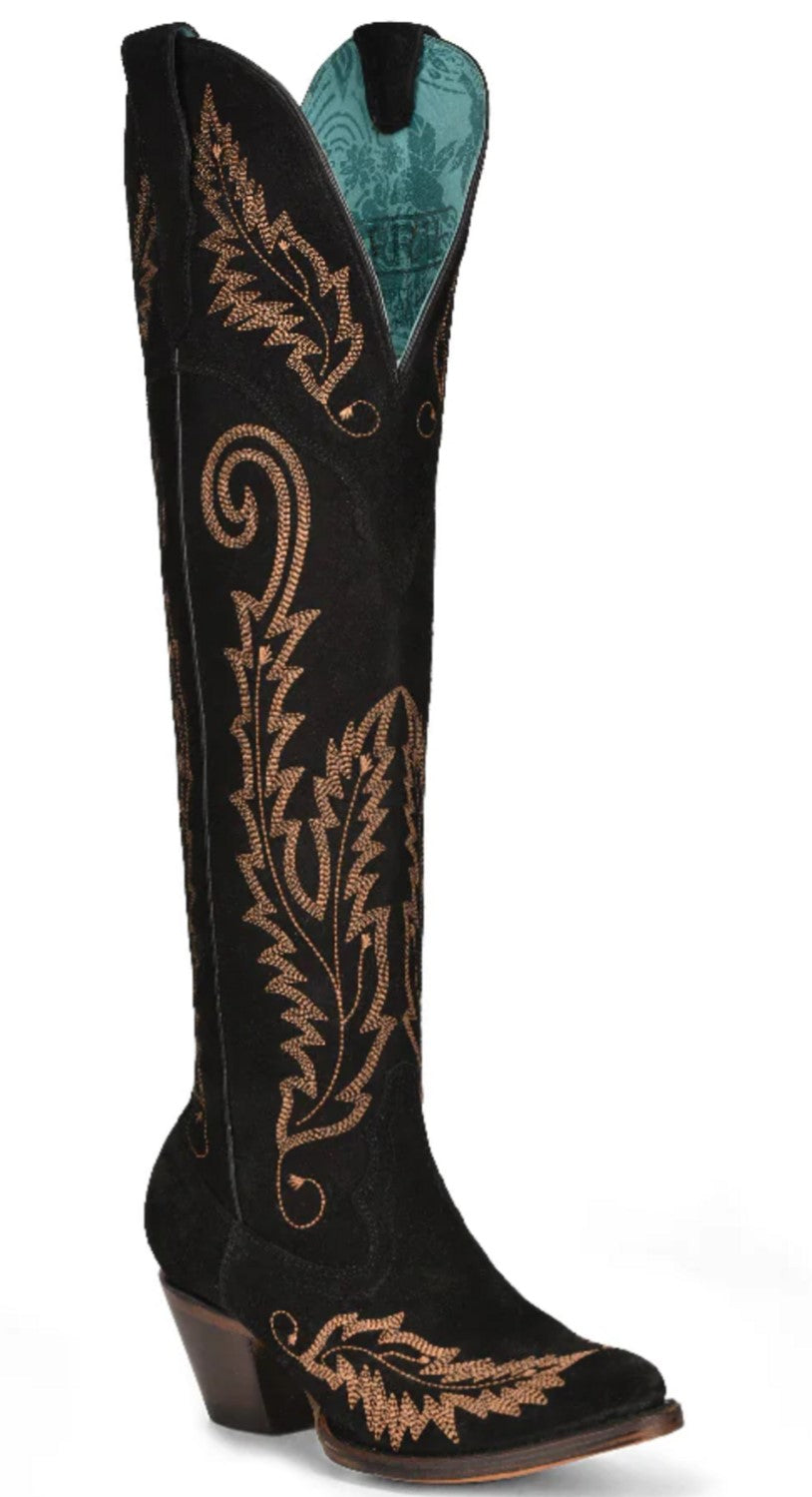 Black Suede Embroidery Tall Top Boot