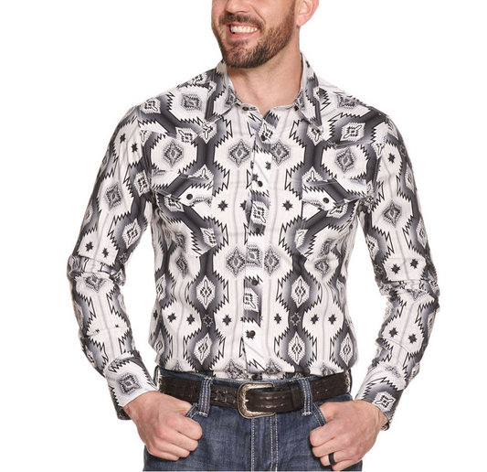 Rock & Roll Long Sleeve Black and White Aztec Snap Shirt