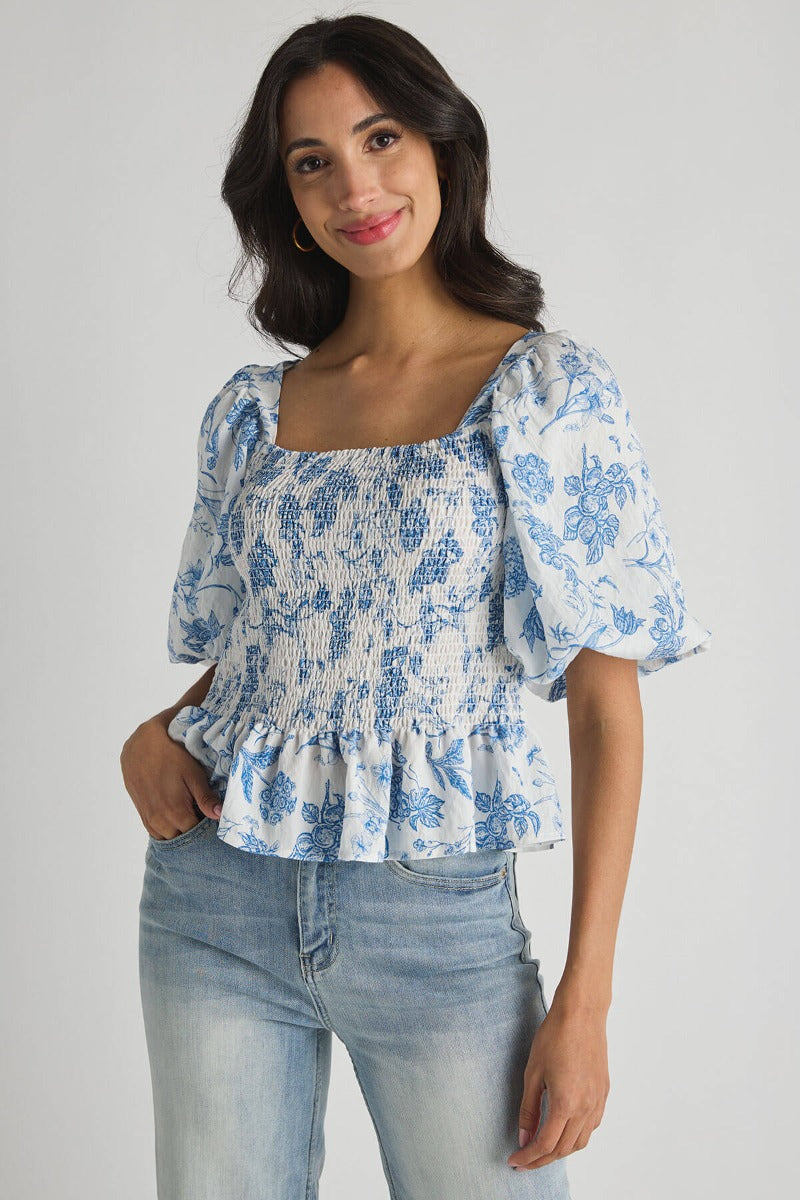 Blue Floral Smocked Bodice Puff Sleeve Top