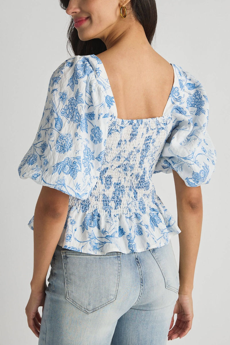 Blue Floral Smocked Bodice Puff Sleeve Top