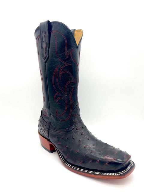 Fenoglio Black Cherry Full Quill Ostrich Black Smooth Italian Men's Boot