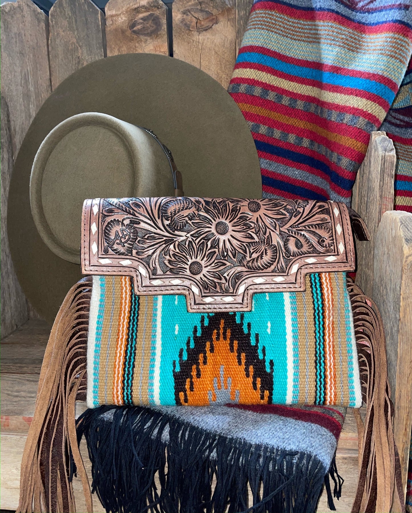 American Darling Cream & Turquoise Aztec Purse with Tooled Leather
