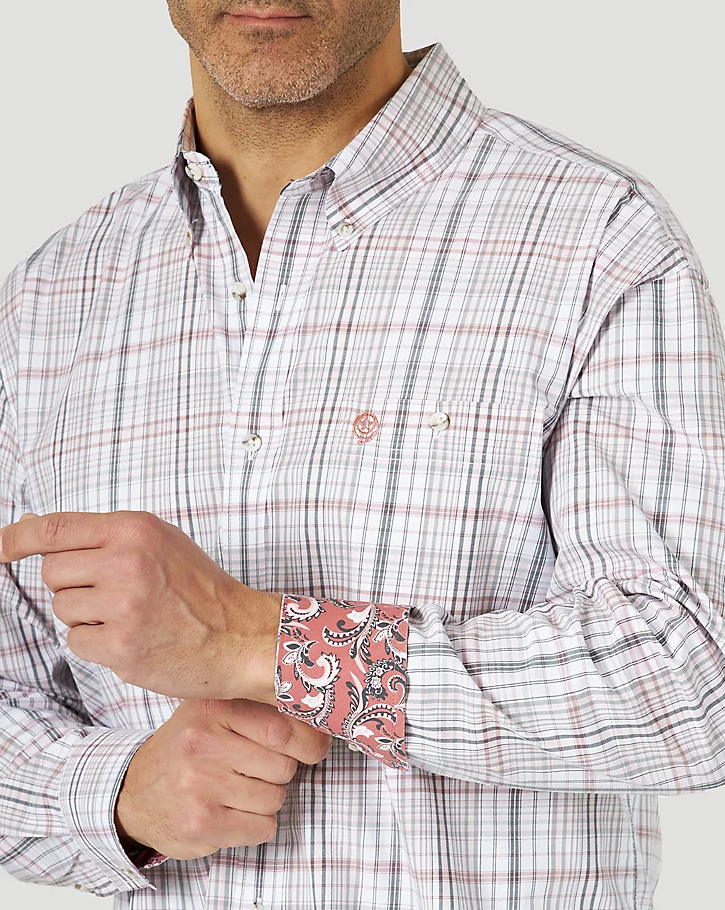 Wrangler George Strait Long Sleeve Plaid Rose Mist Button Down Shirt