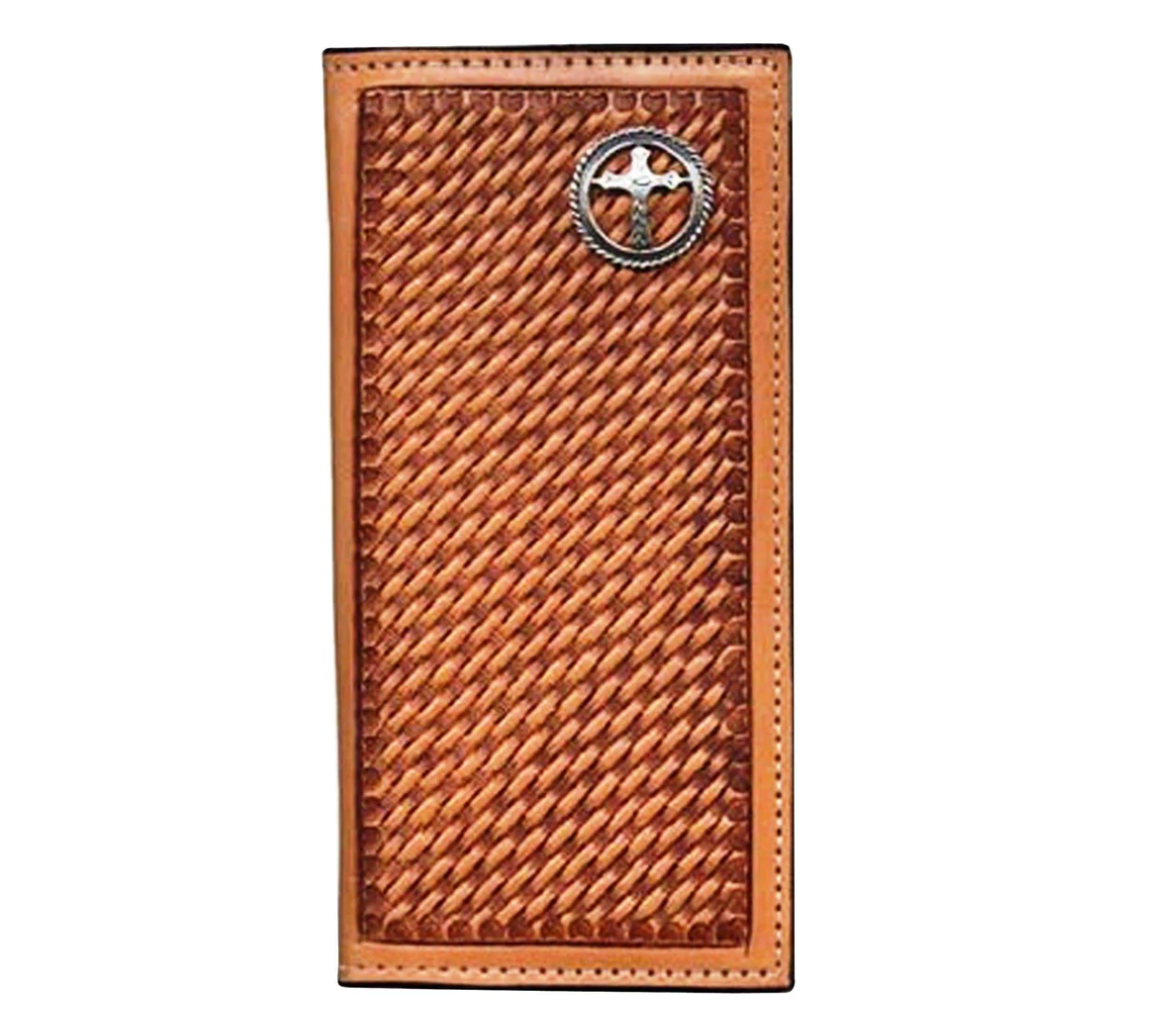 Double J Hand-Tooled Basketweave Cross Concho Checkbook Wallet