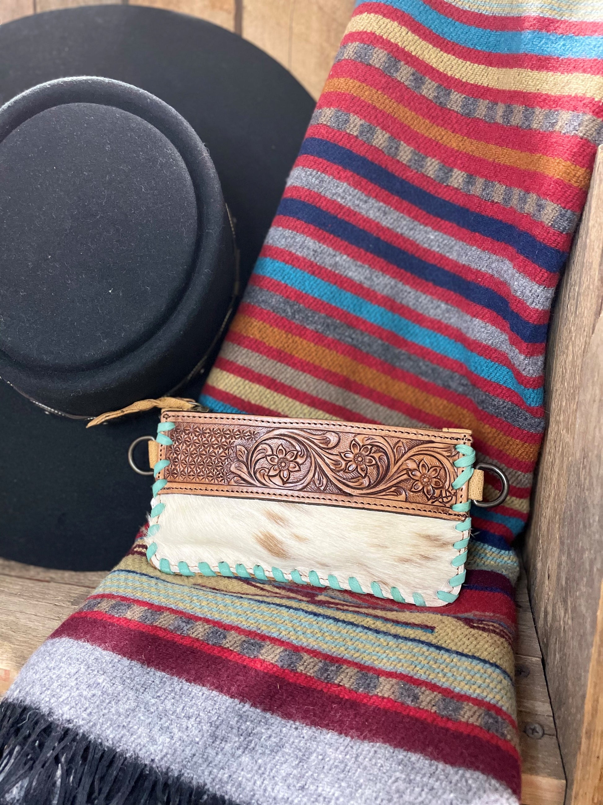 American Darling Turquoise & Cowhide Purse withTooling
