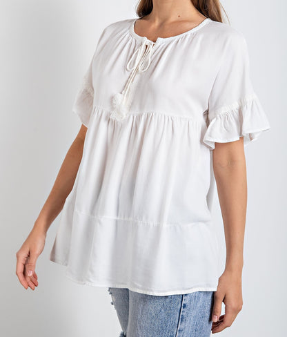 Womens Half Sleeve Challis Babydoll Tunic Top SM White