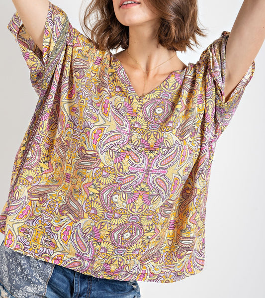 Womens Short Sleeve Printed Challis V-neck Top