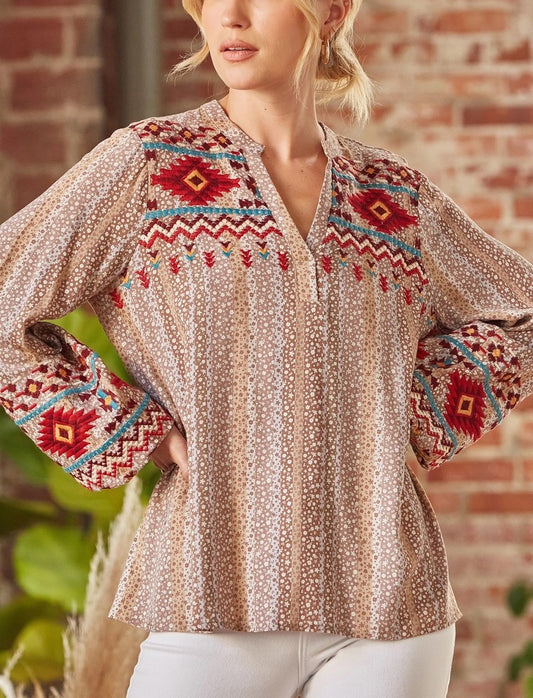 Curvy Mocha Aztec Embroidered Top