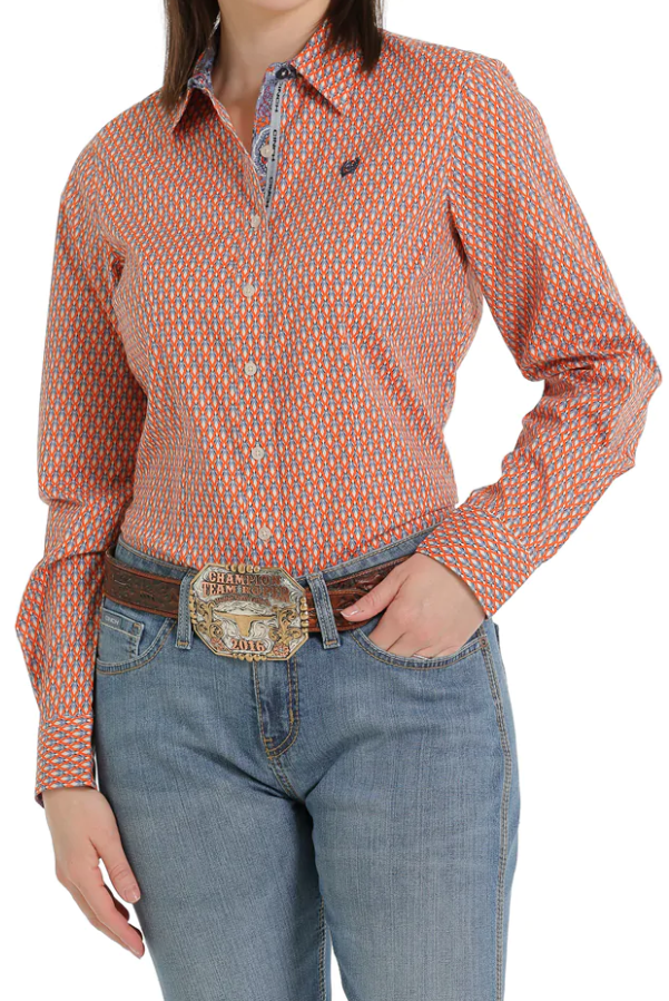 Cinch Women's Long Sleeve Western Button Down Shirt Orange SM