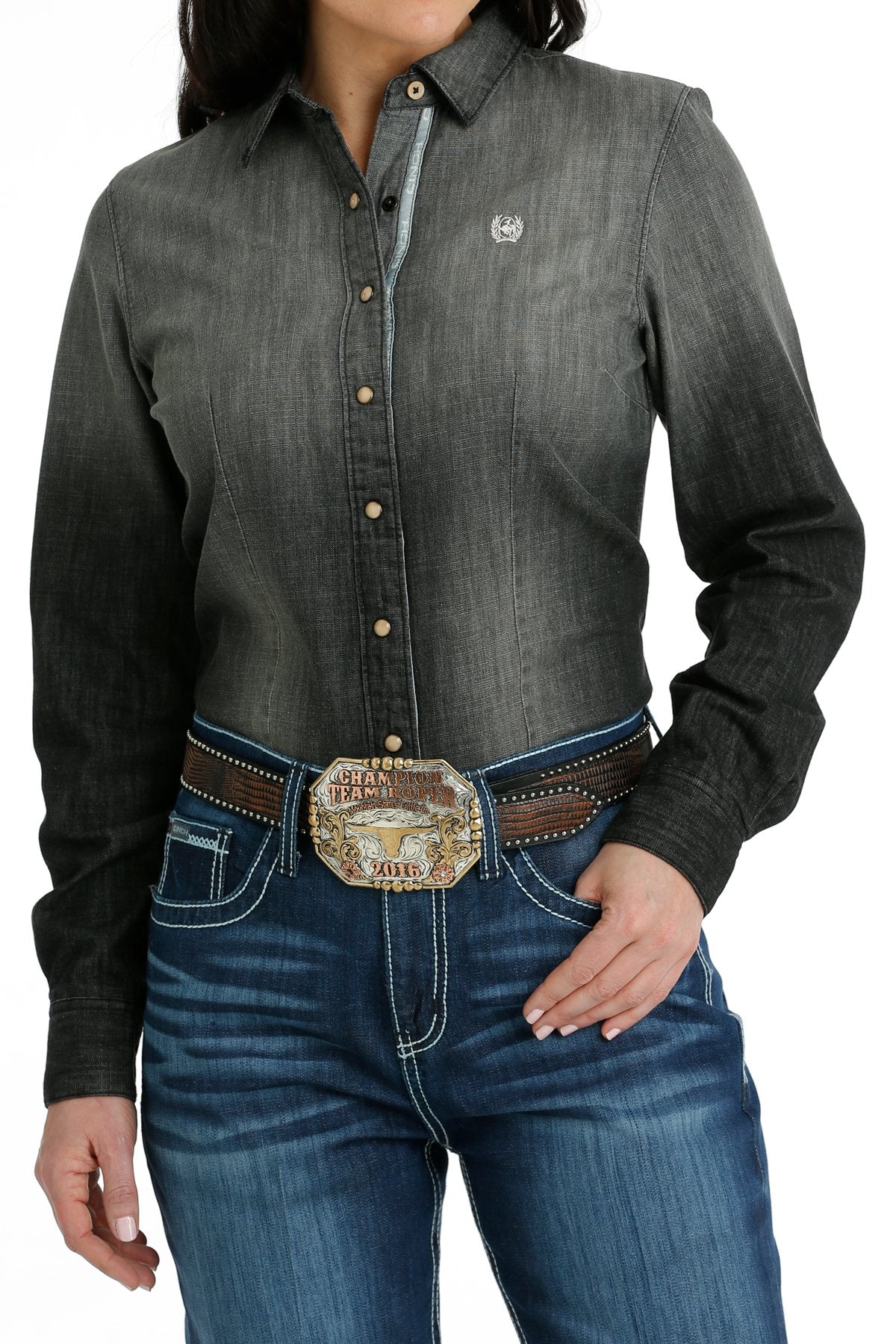 Cinch Womens Pearl Snap Western Shirt in Black Denim