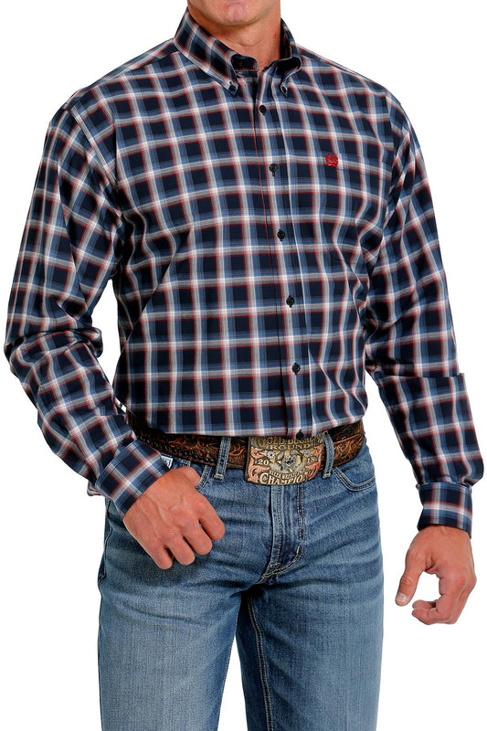 Cinch Men's Plaid Button-down Western Shirt in Navy/Red/Cream