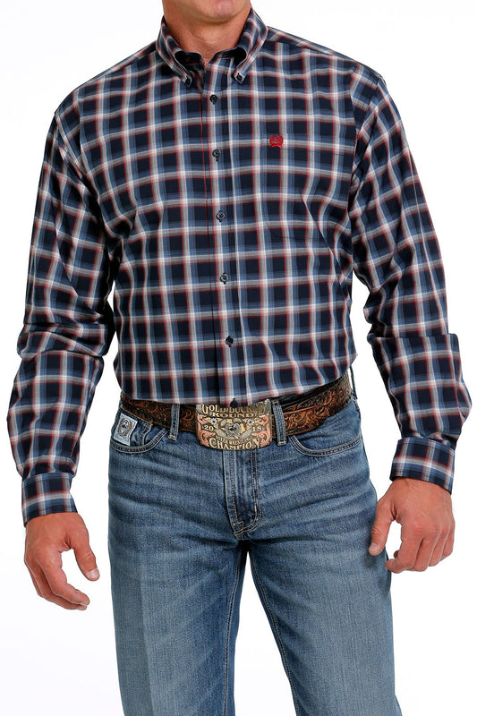 Cinch Men's Plaid Button-down Western Shirt in Navy/Red/Cream