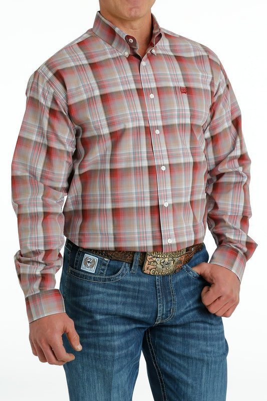 Cinch Men's Plaid Button Down Western Shirt - Red/Khaki/Brown