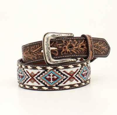 Nocona Mens Floral Tabs Beaded Belt White 32
