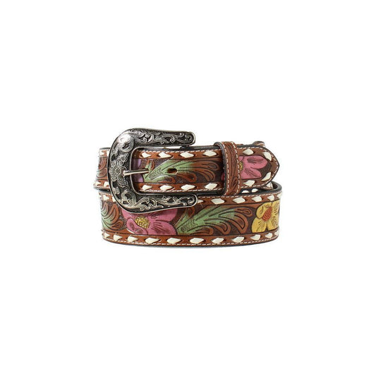 Nocona Ladies Brown Belt Floral Tooling with Buck Lacing