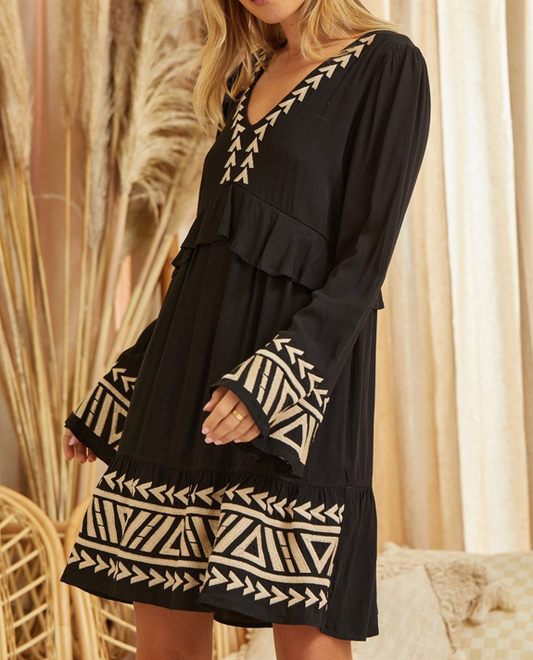 Womens Black Embroidered Long Sleeve V-Neck Dress