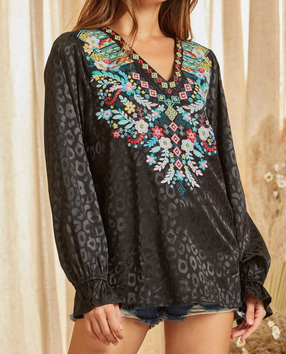 Curvy Black Leopard Long Sleeve Embroidered Top