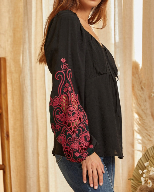 Red Embroidered Sleeves Black Top