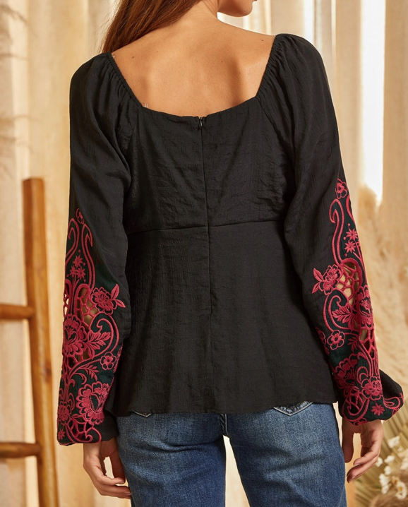 Red Embroidered Sleeves Black Top