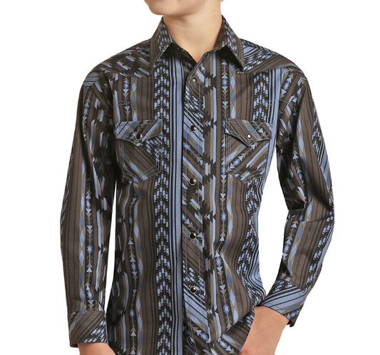 Rock & Roll Boys Long Sleeve Aztec Stripe Snap Shirt