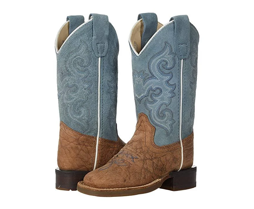 Old West Soft Brown With Sky Blue Suede Upper Square Toe Children's Boot