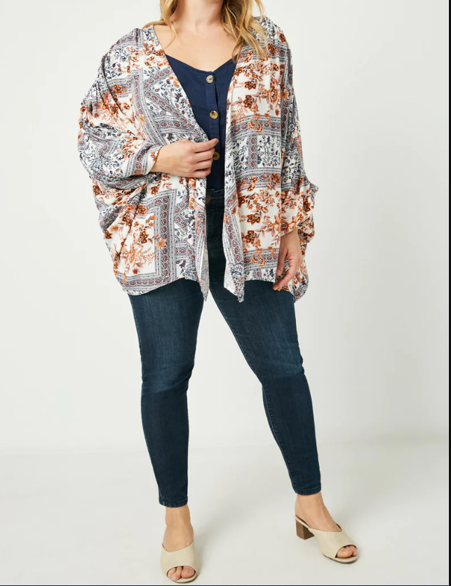 Womens Plus Patchwork Printed Ruched Cardigan