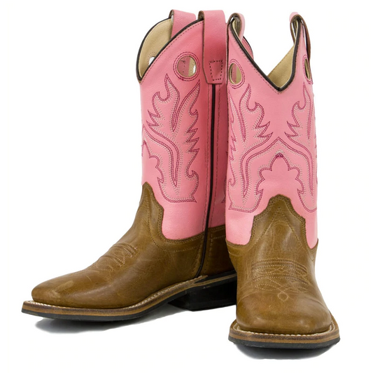 Old West Dark Tan With Pink Upper Square Toe Toddler Boot