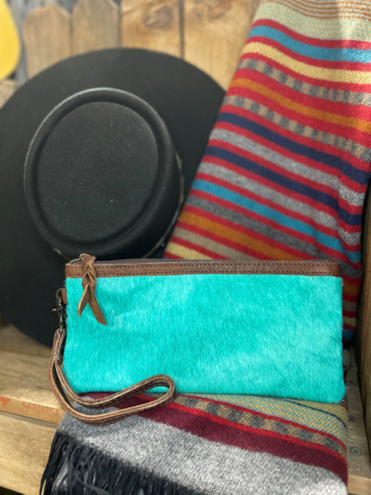 American Darling Turquoise Cowhide Wristlet