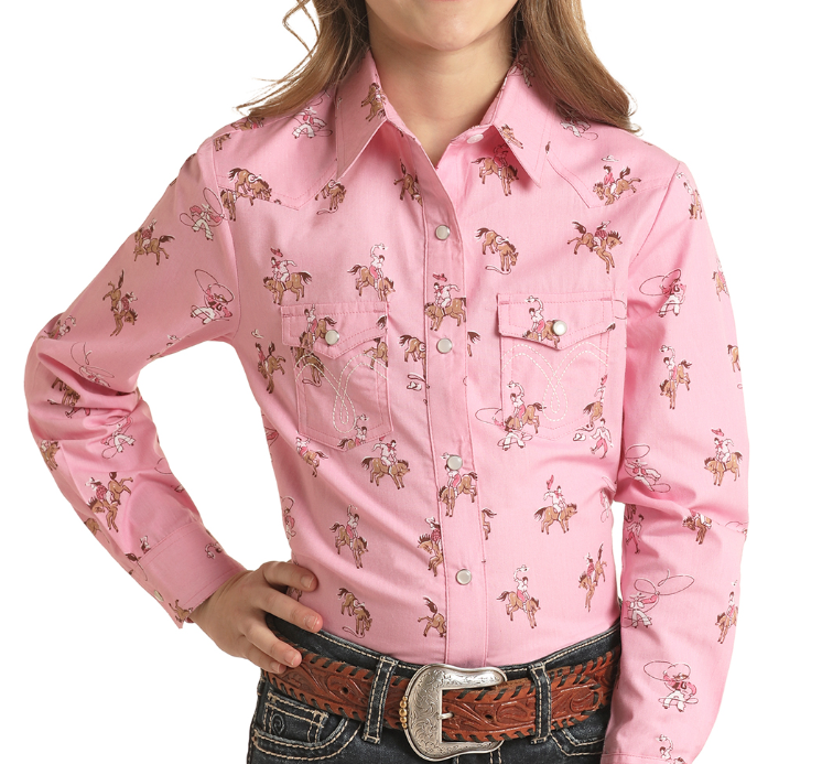 Rock & Roll WL Girls Long Sleeve Horse Print Snap Shirt