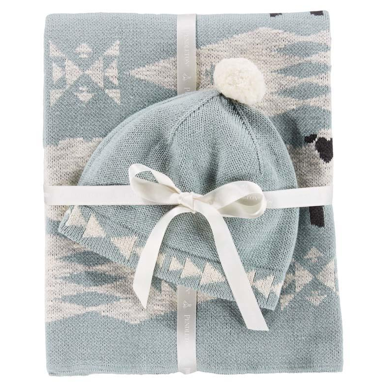 Pendleton OC Knit Baby Blanket with Beanie Shp Drms Blue Grn